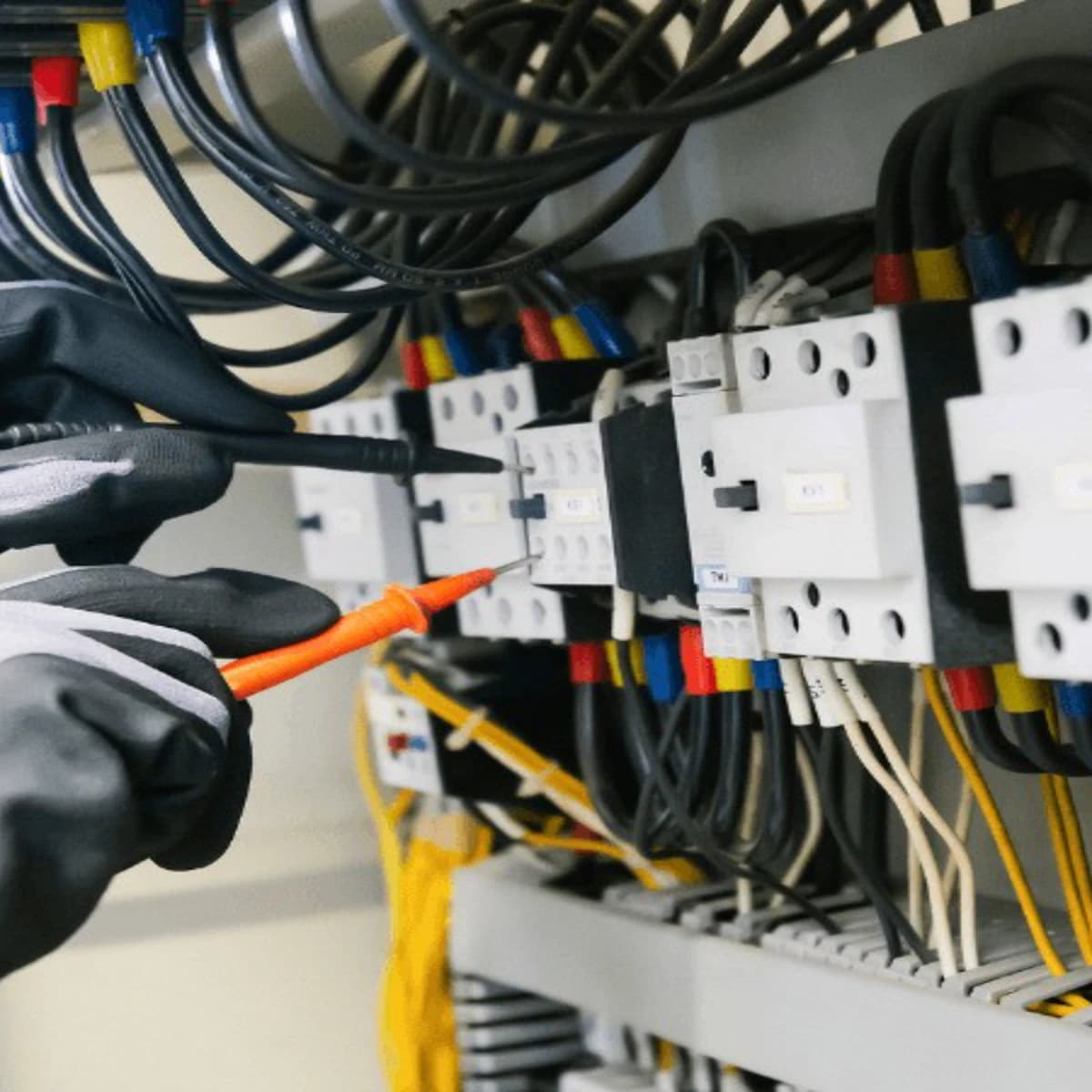 Electrician testing an industrial control panel with a multimeter